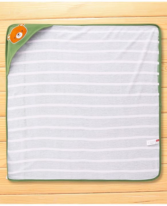 Babyhug Cotton Terry Knit Hooded Towel with Bear Patch Detailing & Stripes L 76 x B 74 cm - Green