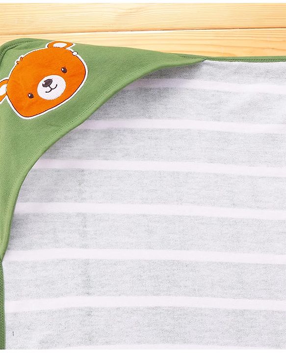 Babyhug Cotton Terry Knit Hooded Towel with Bear Patch Detailing & Stripes L 76 x B 74 cm - Green