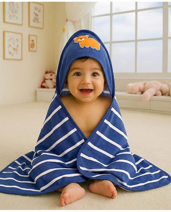 Babyhug Cotton Terry Knit Hooded Towel with Bear Patch Detailing & Stripes L 76 x B 76 cm - Navy Blue