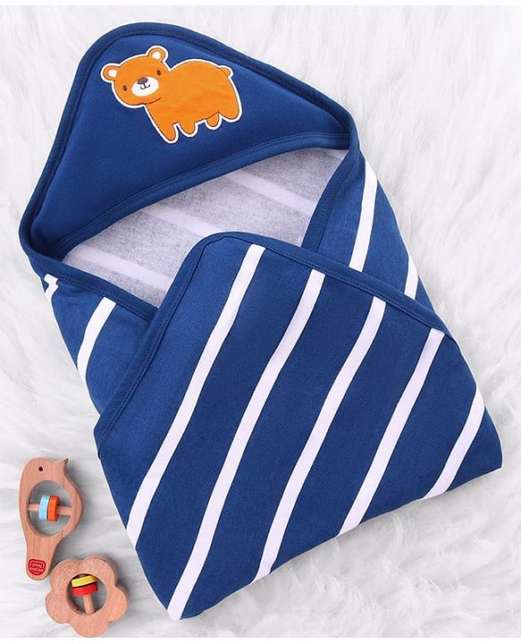 Babyhug Cotton Terry Knit Hooded Towel with Bear Patch Detailing & Stripes L 76 x B 76 cm - Navy Blue