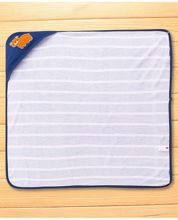 Babyhug Cotton Terry Knit Hooded Towel with Bear Patch Detailing & Stripes L 76 x B 76 cm - Navy Blue