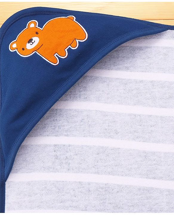 Babyhug Cotton Terry Knit Hooded Towel with Bear Patch Detailing & Stripes L 76 x B 76 cm - Navy Blue