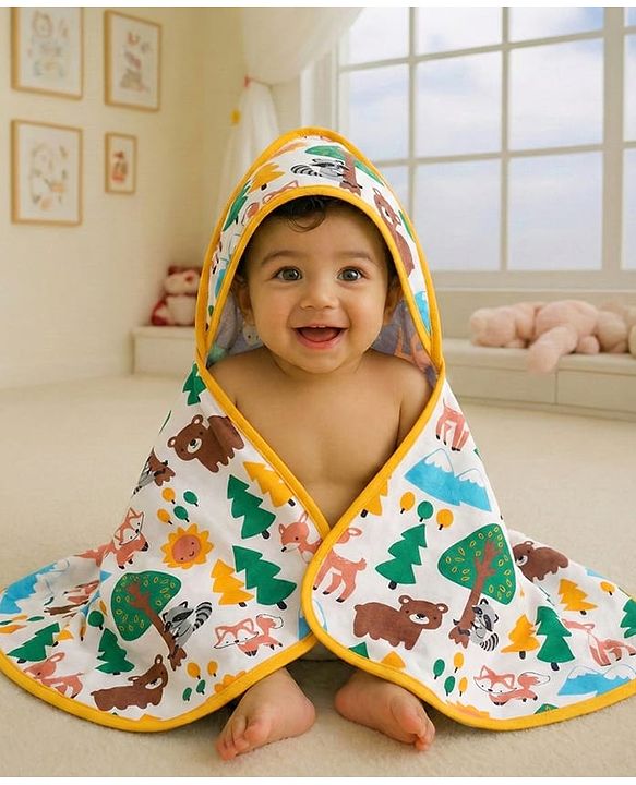 Babyhug Cotton Terry Knit Hooded Towel with Jungle Theme Print L 75 x B 74 cm - White