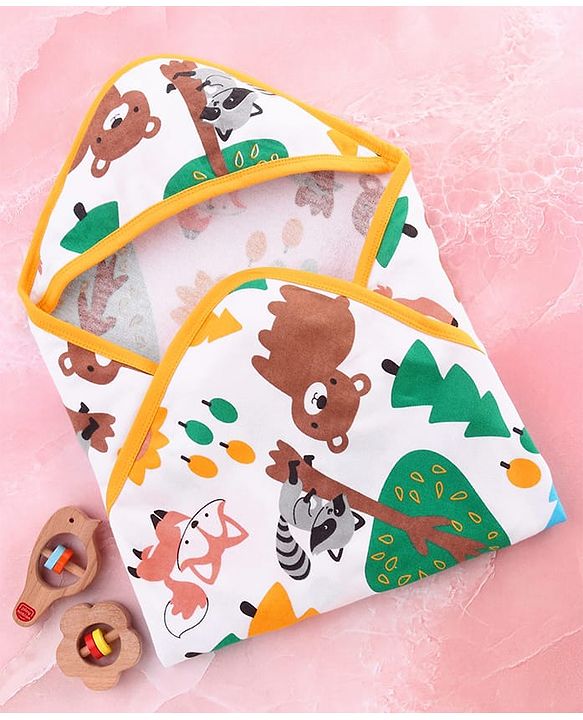 Babyhug Cotton Terry Knit Hooded Towel with Jungle Theme Print L 75 x B 74 cm - White