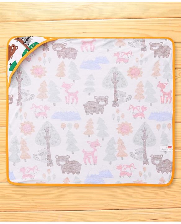 Babyhug Cotton Terry Knit Hooded Towel with Jungle Theme Print L 75 x B 74 cm - White