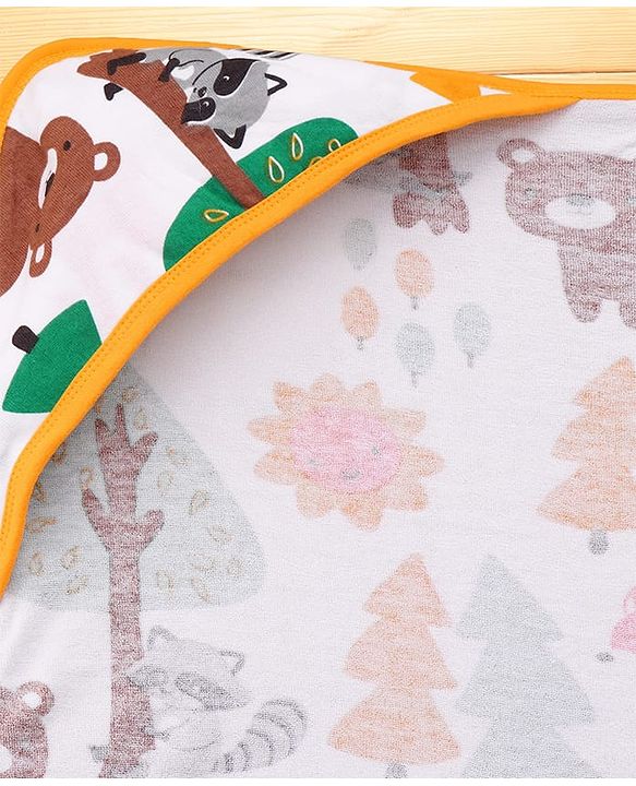 Babyhug Cotton Terry Knit Hooded Towel with Jungle Theme Print L 75 x B 74 cm - White