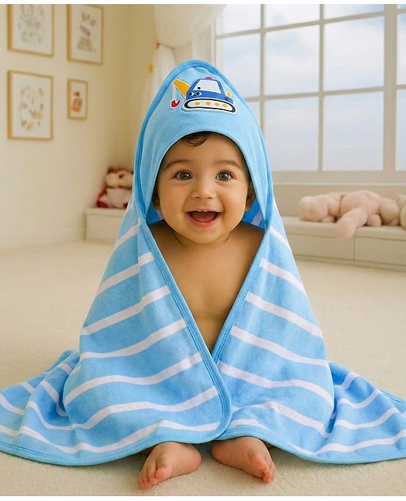 Babyhug Cotton Terry Knit Hooded Towel with Crane Patch Detailing & Stripes L 74 x B 74 cm - Light Blue