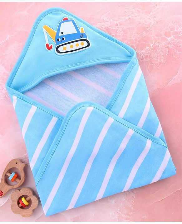 Babyhug Cotton Terry Knit Hooded Towel with Crane Patch Detailing & Stripes L 74 x B 74 cm - Light Blue