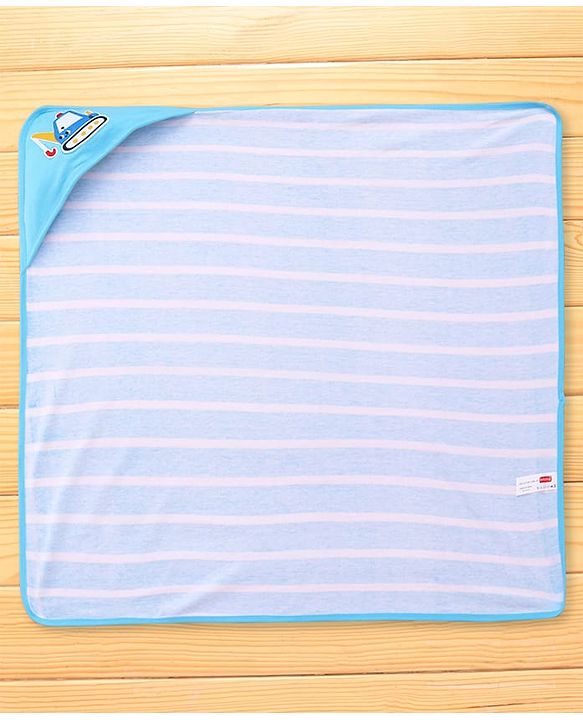 Babyhug Cotton Terry Knit Hooded Towel with Crane Patch Detailing & Stripes L 74 x B 74 cm - Light Blue
