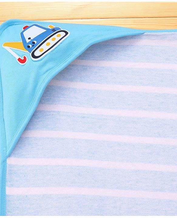 Babyhug Cotton Terry Knit Hooded Towel with Crane Patch Detailing & Stripes L 74 x B 74 cm - Light Blue