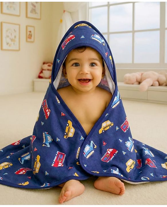 Babyhug Cotton Terry Knit Hooded Towel with Vehicle Print L 75 x B 73 cm - Navy Blue