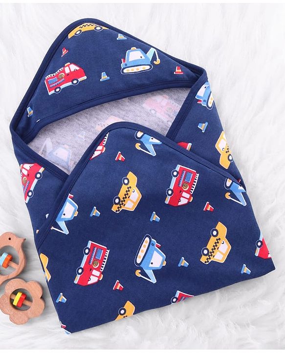 Babyhug Cotton Terry Knit Hooded Towel with Vehicle Print L 75 x B 73 cm - Navy Blue