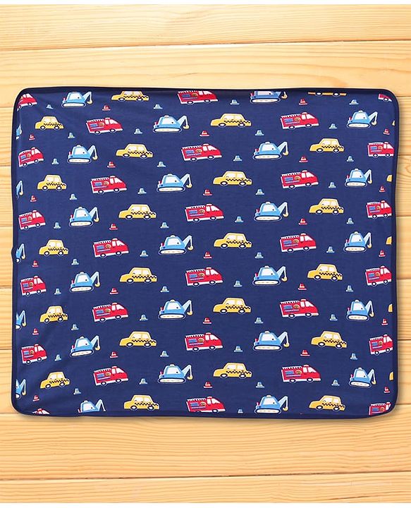Babyhug Cotton Terry Knit Hooded Towel with Vehicle Print L 75 x B 73 cm - Navy Blue