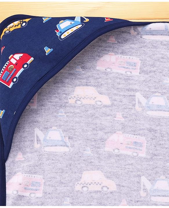 Babyhug Cotton Terry Knit Hooded Towel with Vehicle Print L 75 x B 73 cm - Navy Blue
