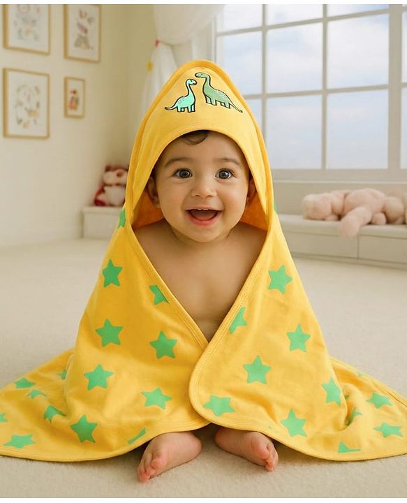 Babyhug Cotton Terry Knit Hooded Towel with Star Print & Dino Embroidery L 73 x B 71 cm - Yellow