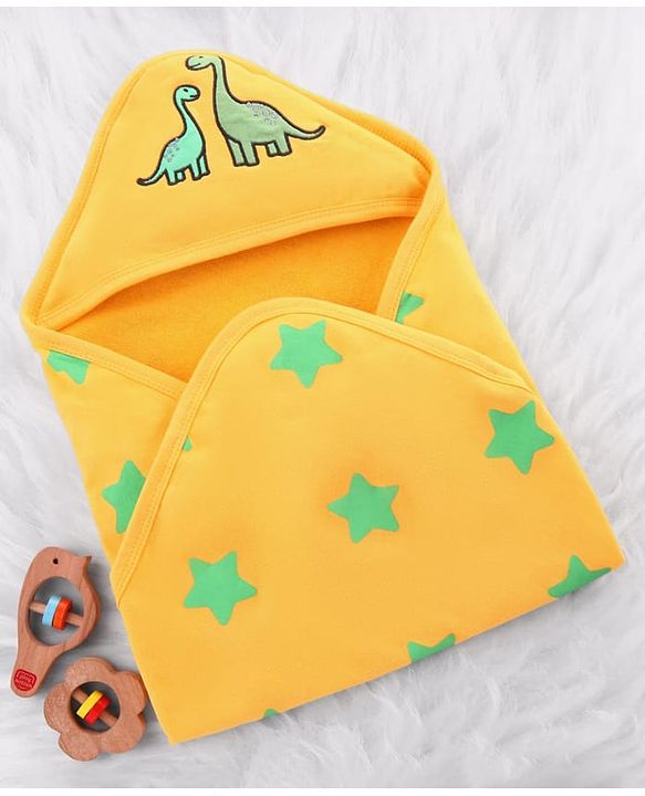 Babyhug Cotton Terry Knit Hooded Towel with Star Print & Dino Embroidery L 73 x B 71 cm - Yellow