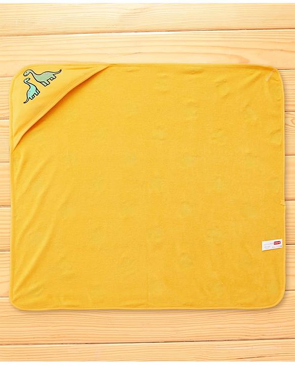 Babyhug Cotton Terry Knit Hooded Towel with Star Print & Dino Embroidery L 73 x B 71 cm - Yellow