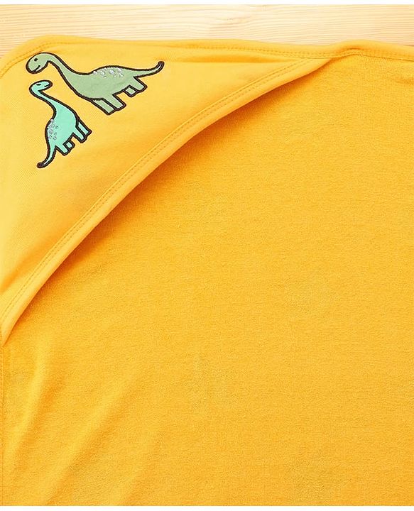 Babyhug Cotton Terry Knit Hooded Towel with Star Print & Dino Embroidery L 73 x B 71 cm - Yellow