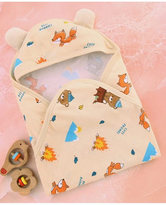 Babyhug Cotton Terry Knit Hooded Towel with Ear Applique & Animal Print L 75 x B 74 cm - Cream