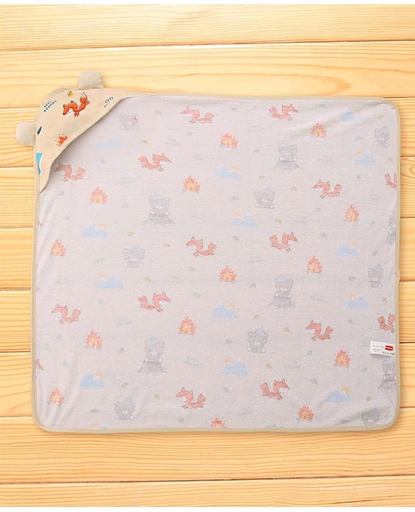 Babyhug Cotton Terry Knit Hooded Towel with Ear Applique & Animal Print L 75 x B 74 cm - Cream