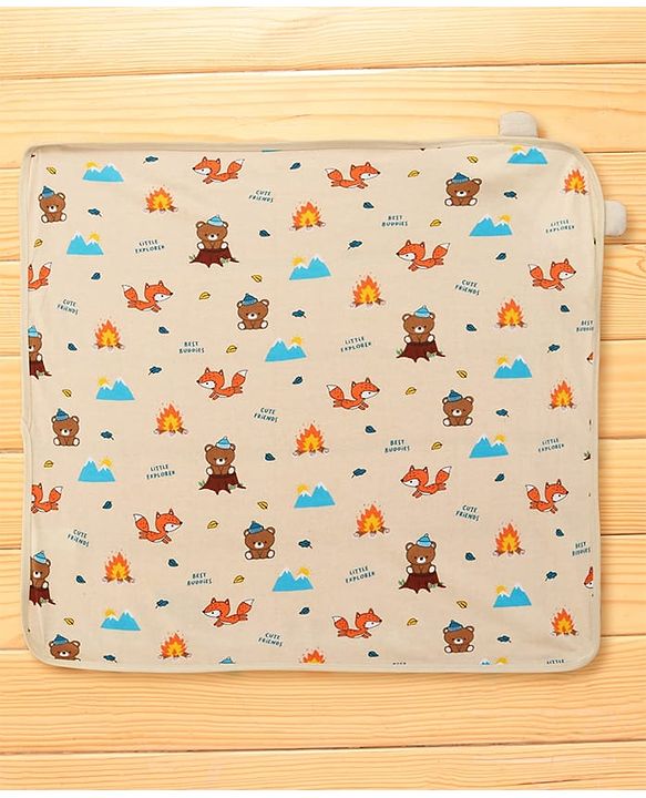 Babyhug Cotton Terry Knit Hooded Towel with Ear Applique & Animal Print L 75 x B 74 cm - Cream