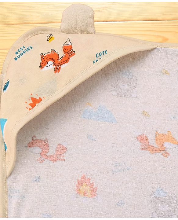 Babyhug Cotton Terry Knit Hooded Towel with Ear Applique & Animal Print L 75 x B 74 cm - Cream