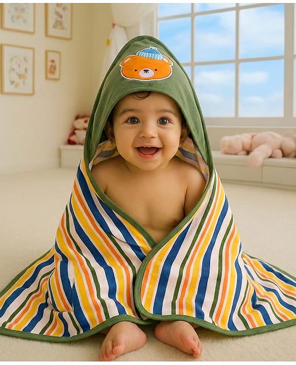 Babyhug Cotton Terry Knit Hooded Towel with Bear Patch Detailing & Stripes L 77 x B 75 cm - Green