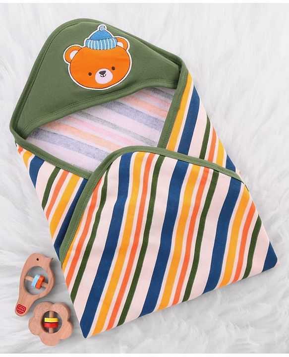 Babyhug Cotton Terry Knit Hooded Towel with Bear Patch Detailing & Stripes L 77 x B 75 cm - Green