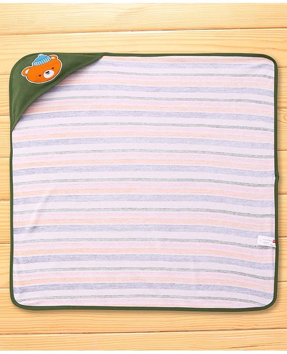 Babyhug Cotton Terry Knit Hooded Towel with Bear Patch Detailing & Stripes L 77 x B 75 cm - Green