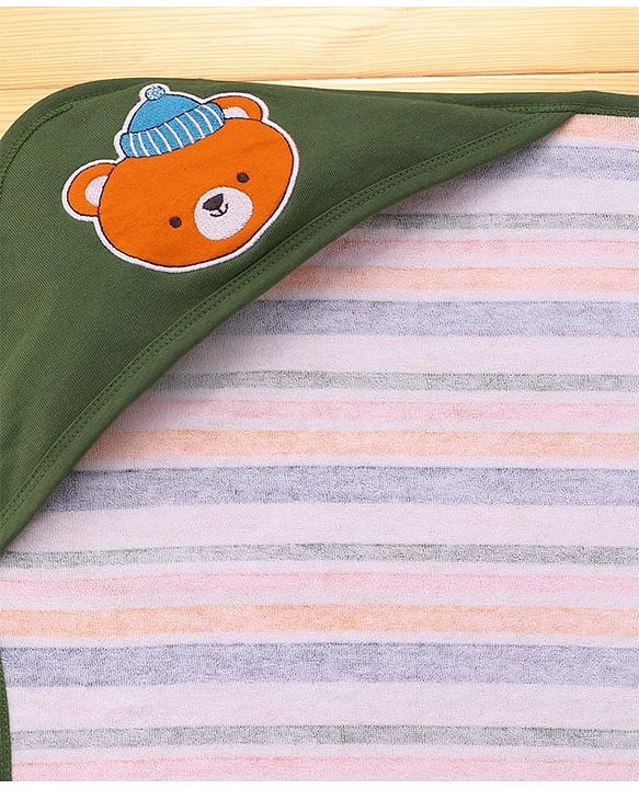 Babyhug Cotton Terry Knit Hooded Towel with Bear Patch Detailing & Stripes L 77 x B 75 cm - Green