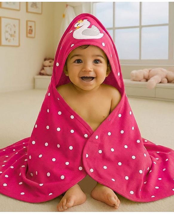 Babyhug Cotton Terry Knit Hooded Towel with Polka Dot Print & Duck Embroidery L 75 x B 73 cm - Dark Pink