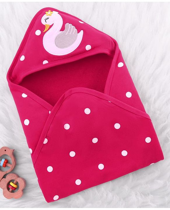 Babyhug Cotton Terry Knit Hooded Towel with Polka Dot Print & Duck Embroidery L 75 x B 73 cm - Dark Pink