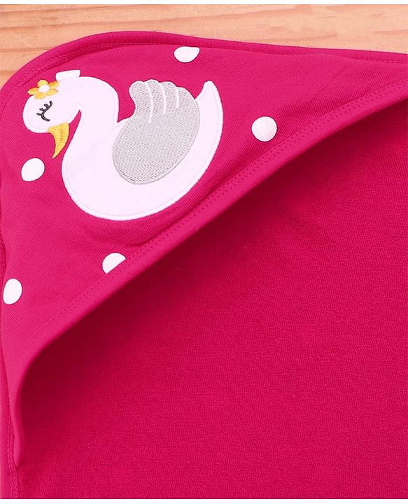 Babyhug Cotton Terry Knit Hooded Towel with Polka Dot Print & Duck Embroidery L 75 x B 73 cm - Dark Pink