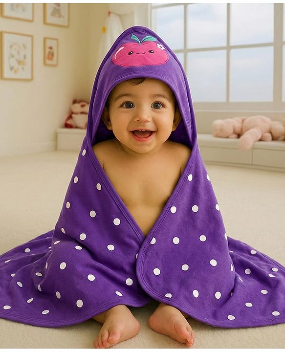 Babyhug Cotton Terry Knit Hooded Towel with Polka Dot Print & Apple Embroidery L 76 x B 68 cm - Purple