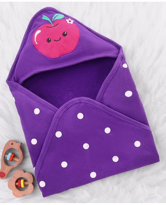 Babyhug Cotton Terry Knit Hooded Towel with Polka Dot Print & Apple Embroidery L 76 x B 68 cm - Purple