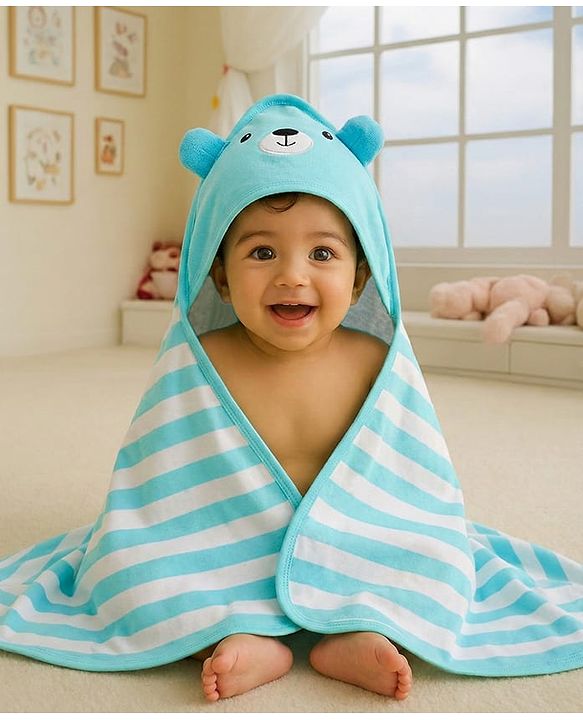 Babyhug Cotton Terry Knit Hooded Towel with Ear Applique Stripes & Embroidery L 75 x B 71 cm - Light Blue