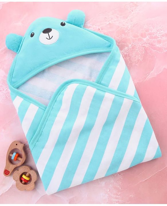 Babyhug Cotton Terry Knit Hooded Towel with Ear Applique Stripes & Embroidery L 75 x B 71 cm - Light Blue