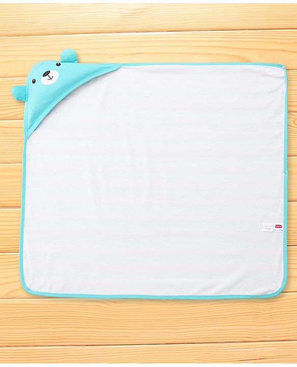 Babyhug Cotton Terry Knit Hooded Towel with Ear Applique Stripes & Embroidery L 75 x B 71 cm - Light Blue