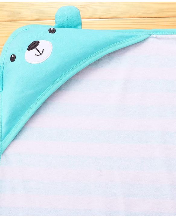 Babyhug Cotton Terry Knit Hooded Towel with Ear Applique Stripes & Embroidery L 75 x B 71 cm - Light Blue