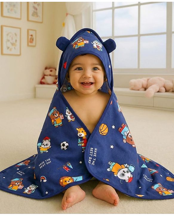 Babyhug Cotton Terry Knit Hooded Towel with Ear Applique & Animal Print L 75 x B 74 cm - Navy Blue
