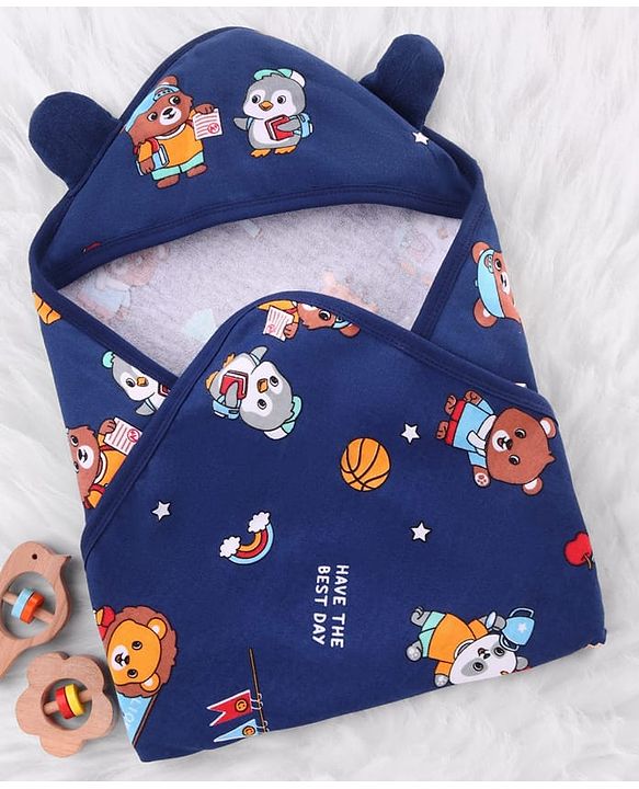 Babyhug Cotton Terry Knit Hooded Towel with Ear Applique & Animal Print L 75 x B 74 cm - Navy Blue