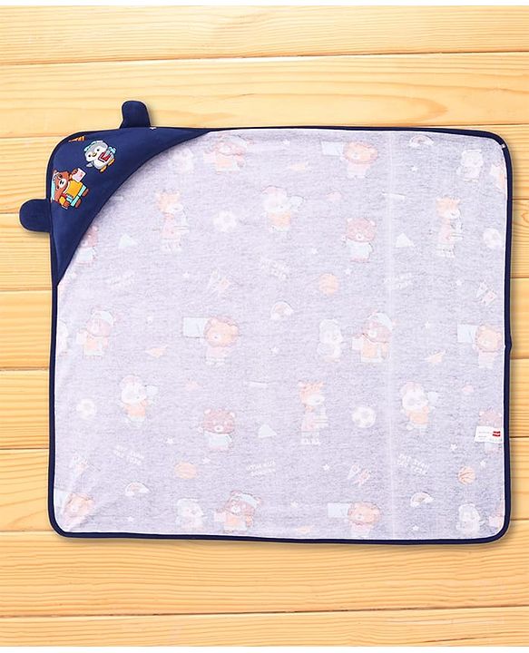 Babyhug Cotton Terry Knit Hooded Towel with Ear Applique & Animal Print L 75 x B 74 cm - Navy Blue