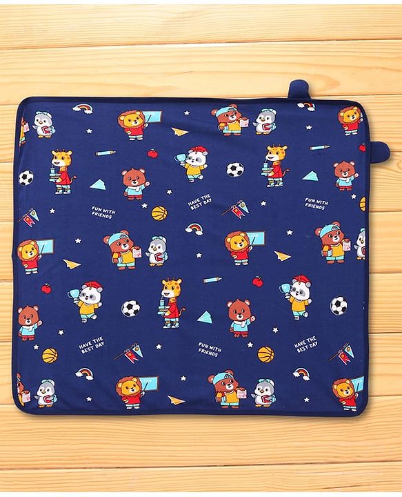 Babyhug Cotton Terry Knit Hooded Towel with Ear Applique & Animal Print L 75 x B 74 cm - Navy Blue