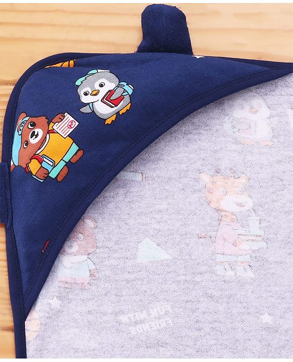 Babyhug Cotton Terry Knit Hooded Towel with Ear Applique & Animal Print L 75 x B 74 cm - Navy Blue