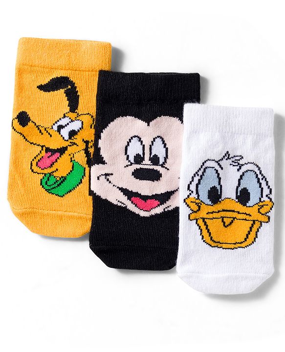 Cute Walk by Babyhug Disney Knit Ankle Length Antibacterial Socks With Mickey Mouse and Friends Graphic Pack of 3 - Yellow & Black