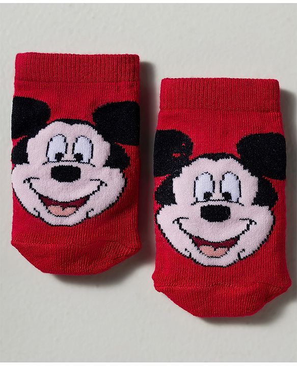 Cute Walk by Babyhug Disney Knit Ankle Length Antibacterial Socks with Mickey Mouse Graphic Pack of 3 - Red Yellow & White