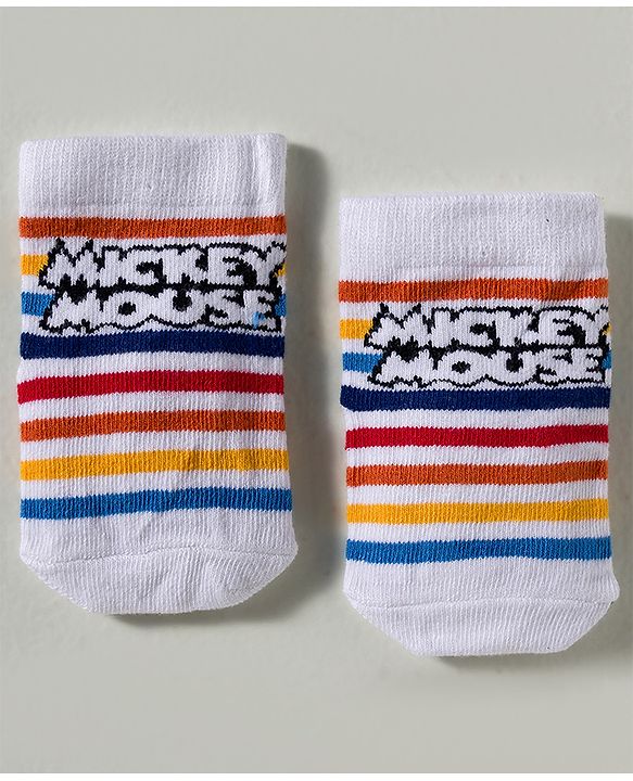 Cute Walk by Babyhug Disney Knit Ankle Length Antibacterial Socks with Mickey Mouse Graphic Pack of 3 - Red Yellow & White