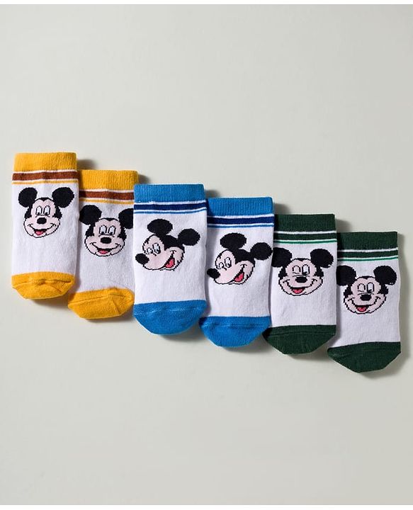 Cute Walk by Babyhug Disney Knit Ankle Length Antibacterial Socks with Mickey Mouse Graphic Pack of 3 - Blue Yellow & White