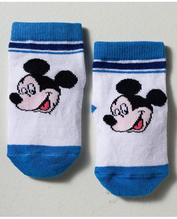 Cute Walk by Babyhug Disney Knit Ankle Length Antibacterial Socks with Mickey Mouse Graphic Pack of 3 - Blue Yellow & White