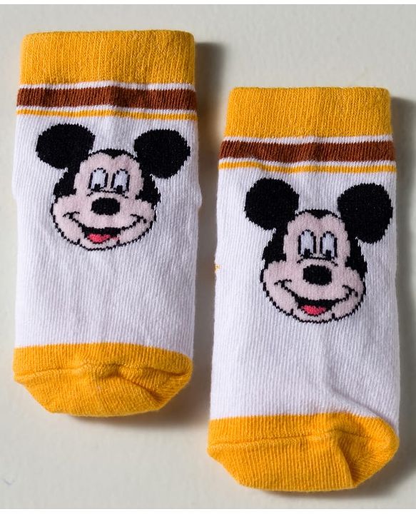 Cute Walk by Babyhug Disney Knit Ankle Length Antibacterial Socks with Mickey Mouse Graphic Pack of 3 - Blue Yellow & White